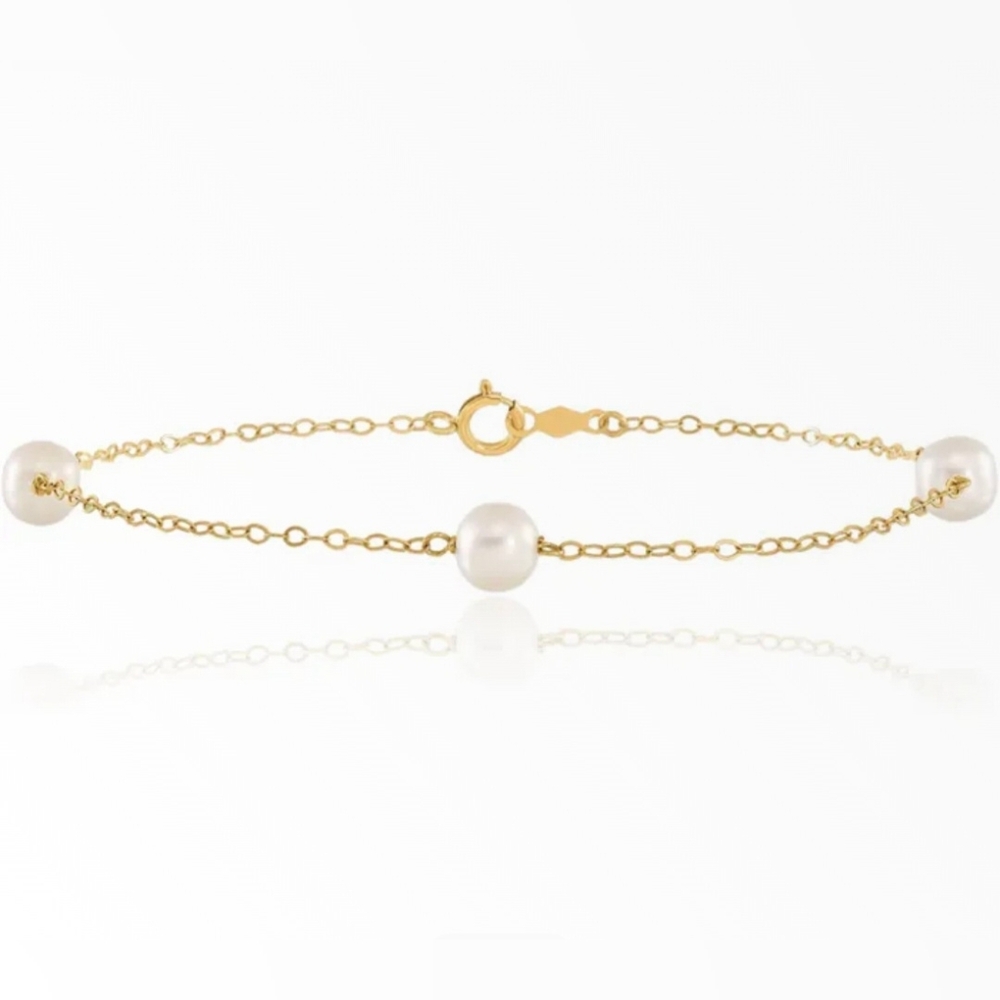 🐚Vintage Solid 10k Yellow Gold 3 Pearl Station Ankle Bracelet Anklet 9 1/4"